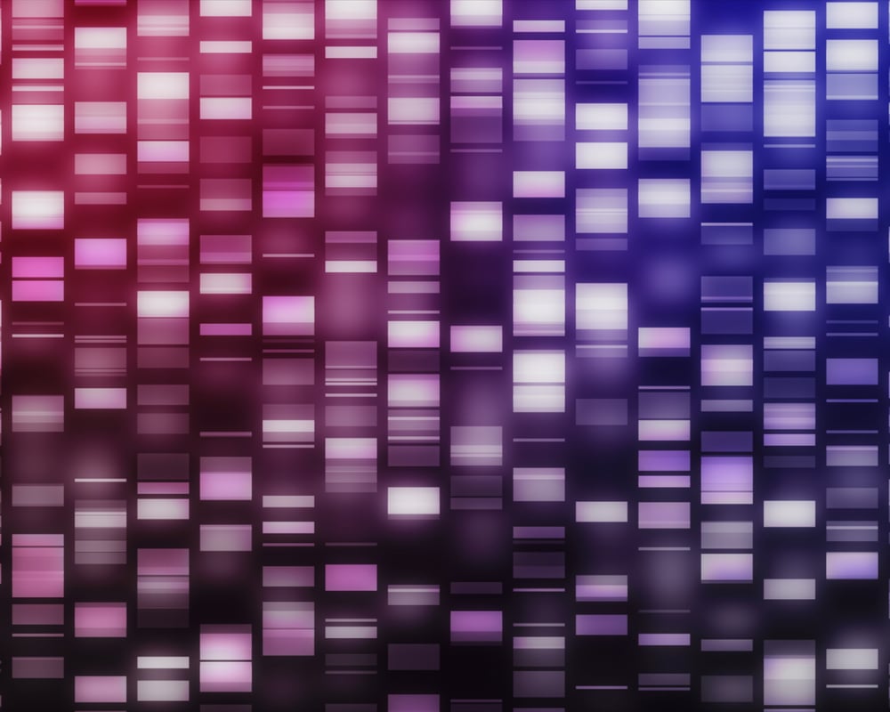 Pink and purple DNA strands on black background